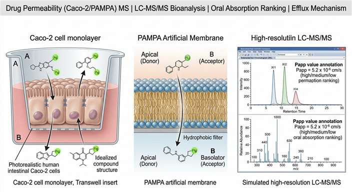 Drug permeability Caco-2 PAMPA MS assay principle diagram