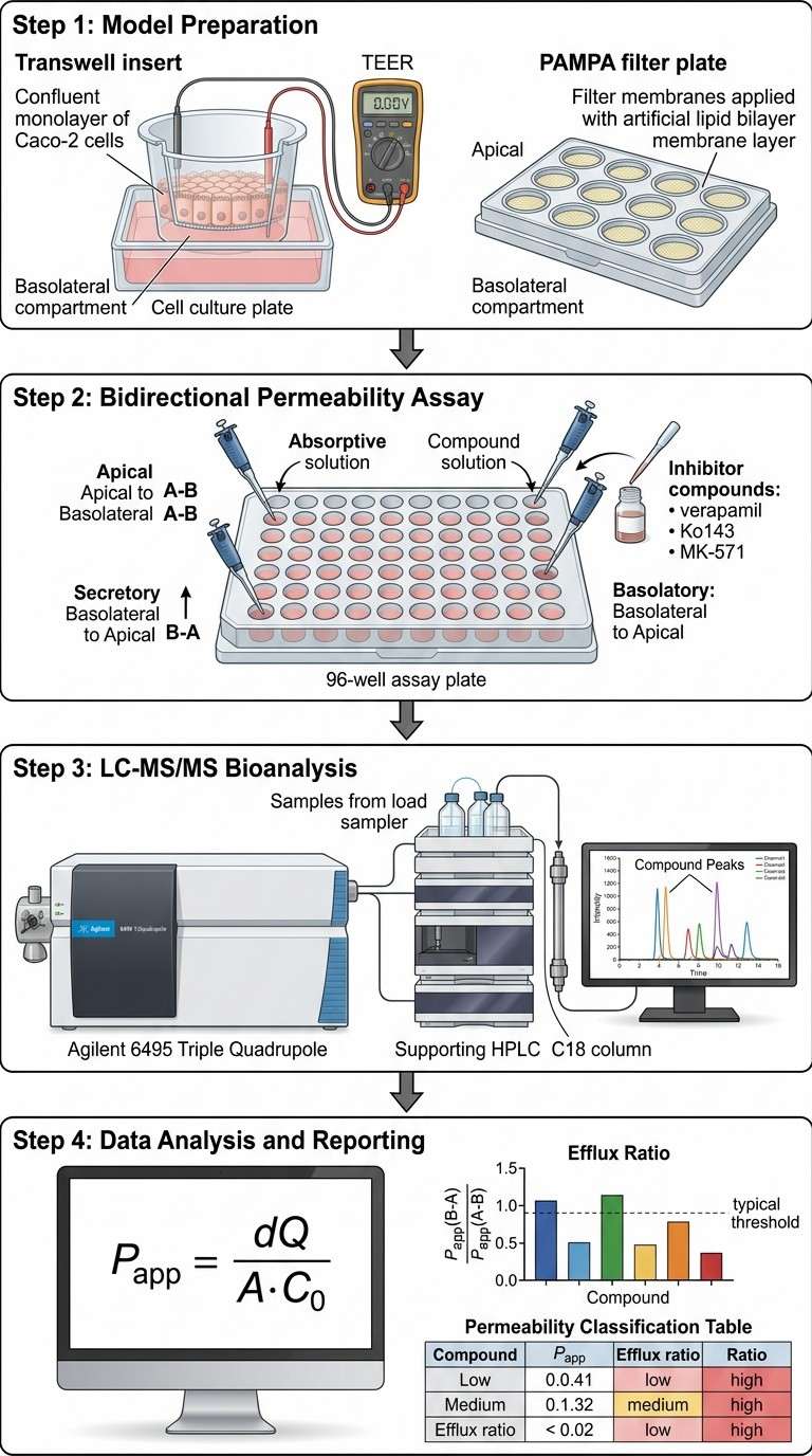 Four-stage Caco-2 PAMPA MS workflow diagram