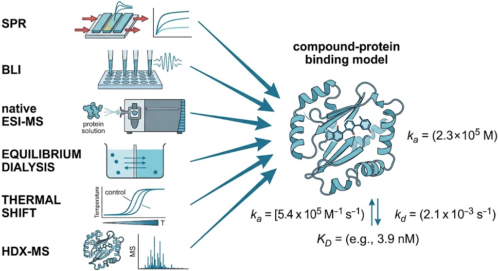 Drug-target interaction validation platform showing orthogonal biophysical approaches SPR, BLI, native ESI-MS, equilibrium dialysis, thermal shift, and HDX-MS converging on confirmed binding data.