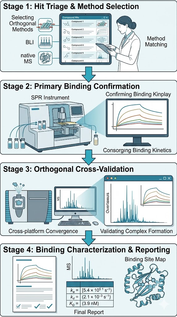 Four-stage workflow for drug-target interaction validation: hit triage and method matching, primary binding confirmation, orthogonal cross-validation, and binding characterization and reporting.