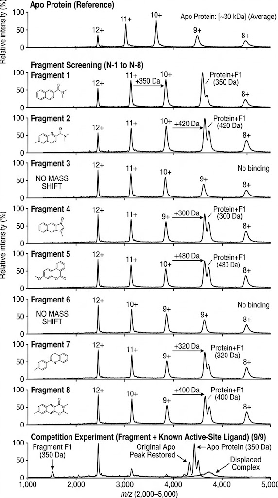 SPR sensorgram overlay showing concentration-dependent binding of a hit compound series to immobilized kinase domain, with kinetic fits and KD values annotated.