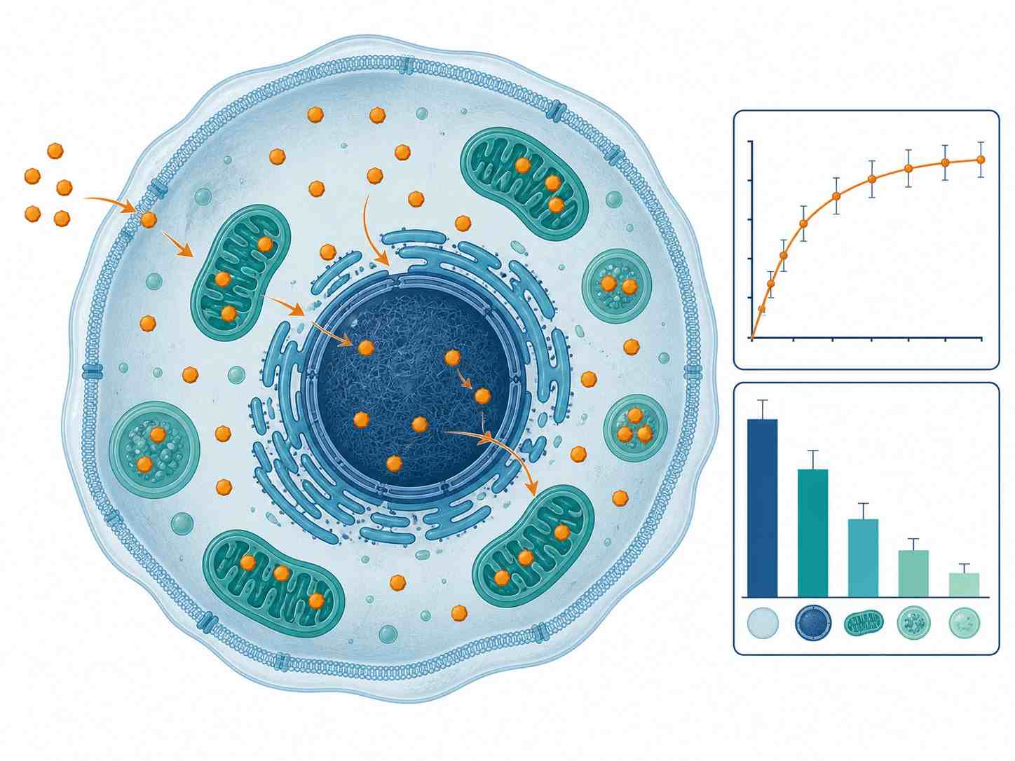 Intracellular drug uptake and retention analysis platform overview showing compound entry into a cell, intracellular distribution across organelles, and LC-MS/MS quantification with time-concentration curves and subcellular fractionation data outputs.