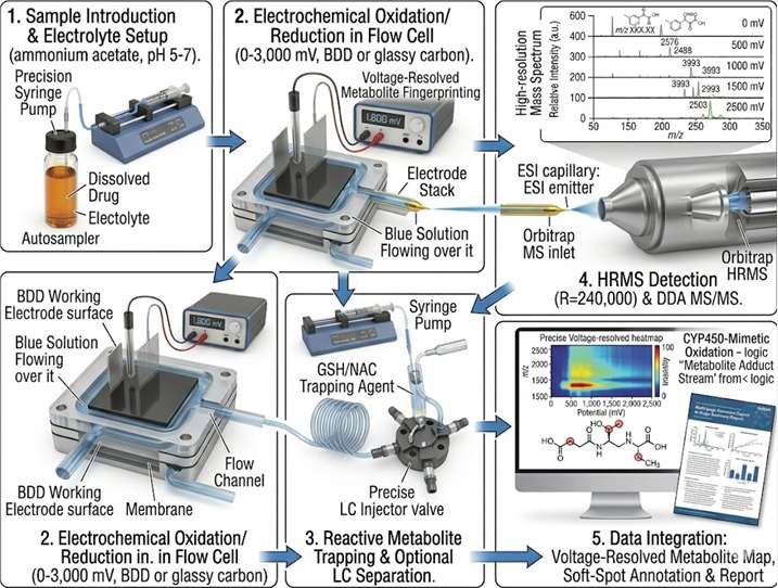 EC-MS workflow from sample introduction through electrochemical oxidation, online trapping, and HRMS detection