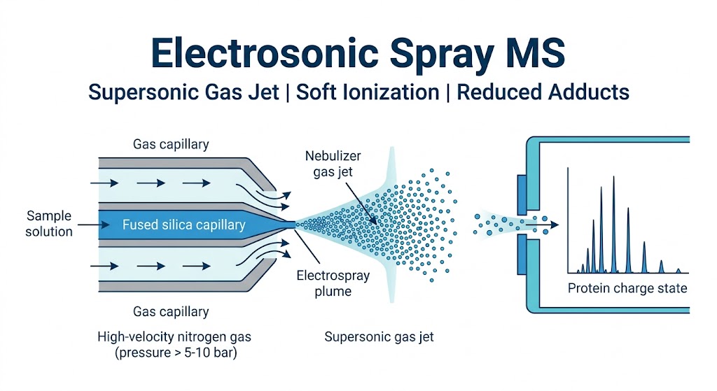 Electrosonic spray ionization mass spectrometry showing supersonic nebulizer gas jet coupled with electrospray for soft ionization of proteins and complexes.