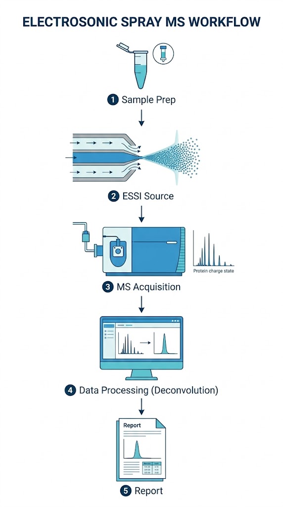 Five-step vertical workflow for electrosonic spray MS: sample prep, source setup, MS acquisition, data processing, and report delivery.