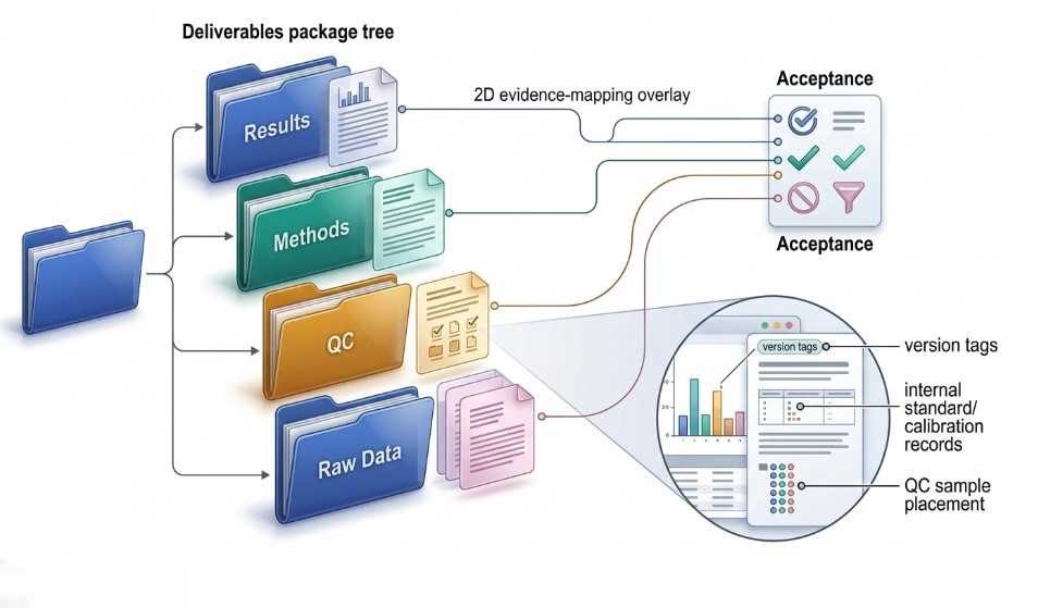 Figure 3. Acceptance-evidence map connecting quant tables, method summary, batch QC, raw-data policy, and final report.