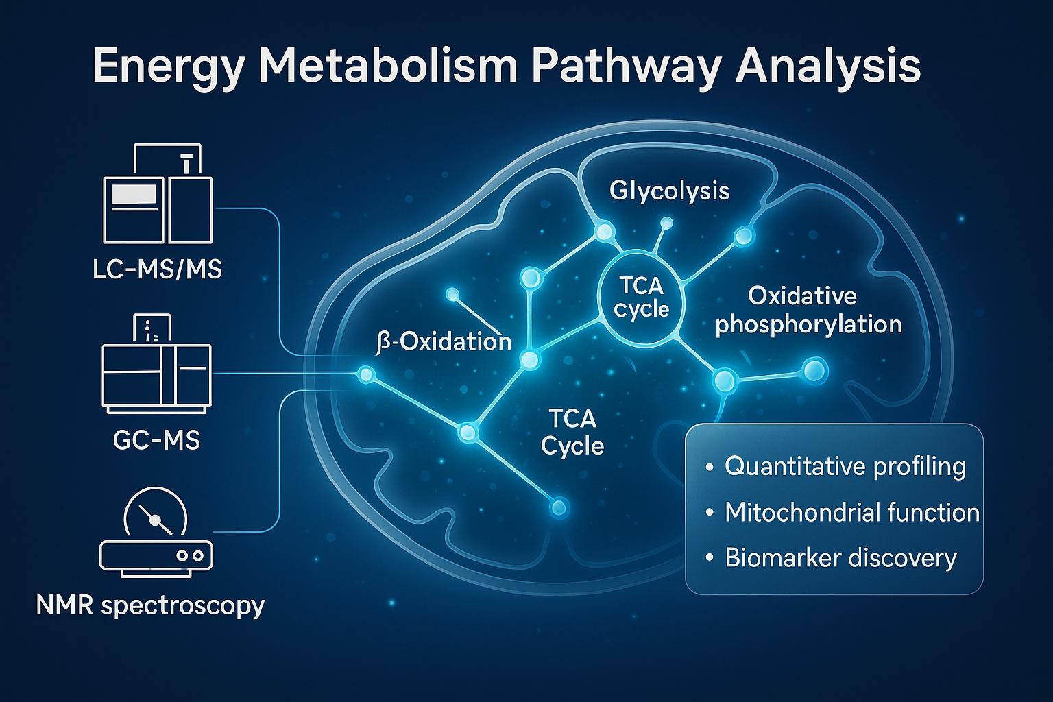 Energy Metabolism Pathway Analysis visual showing LC-MS, GC-MS, and NMR platforms mapping glycolysis, TCA cycle, and oxidative phosphorylation.
