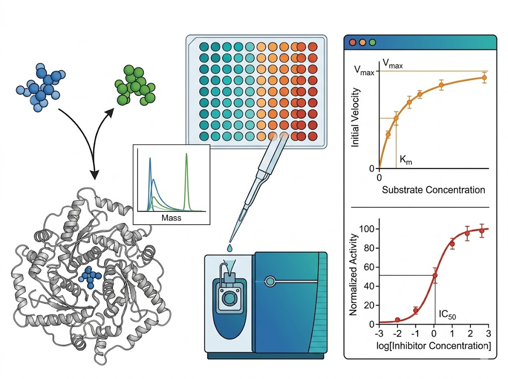 Enzyme activity screening by mass spectrometry overview: a label-free MS workflow showing enzyme and substrate in a reaction well, direct MS detection of substrate depletion and product formation, and data output including Michaelis-Menten kinetics, IC50 inhibition curve, and inhibition mode classification.