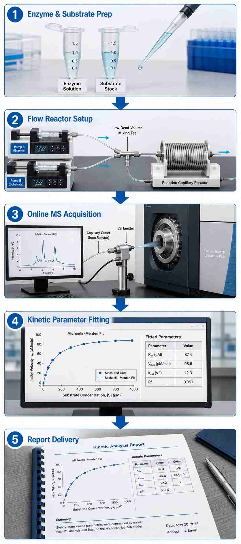 Continuous-flow MS kinetics workflow diagram showing five steps from enzyme preparation to data report.