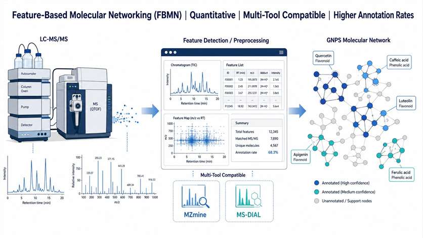 Feature-based molecular networking concept with LC-MS/MS data processing and GNPS network visualization