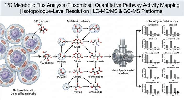 <sup>13</sup>C metabolic flux analysis workflow from tracer labeling through LC-MS/MS detection to flux map visualization