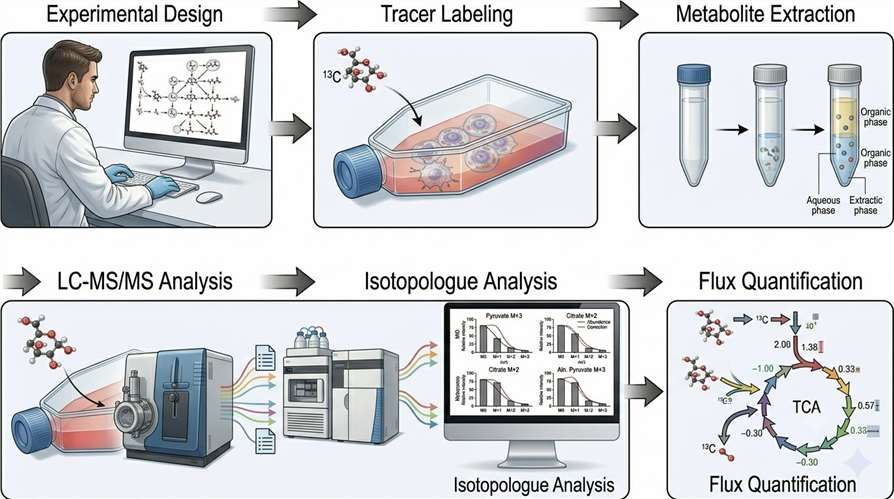 Six-step fluxomics workflow from experimental design through flux quantification