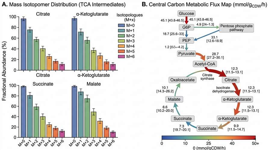 Representative <sup>13</sup>C fluxomics data showing mass isotopomer distribution bar chart and flux maps