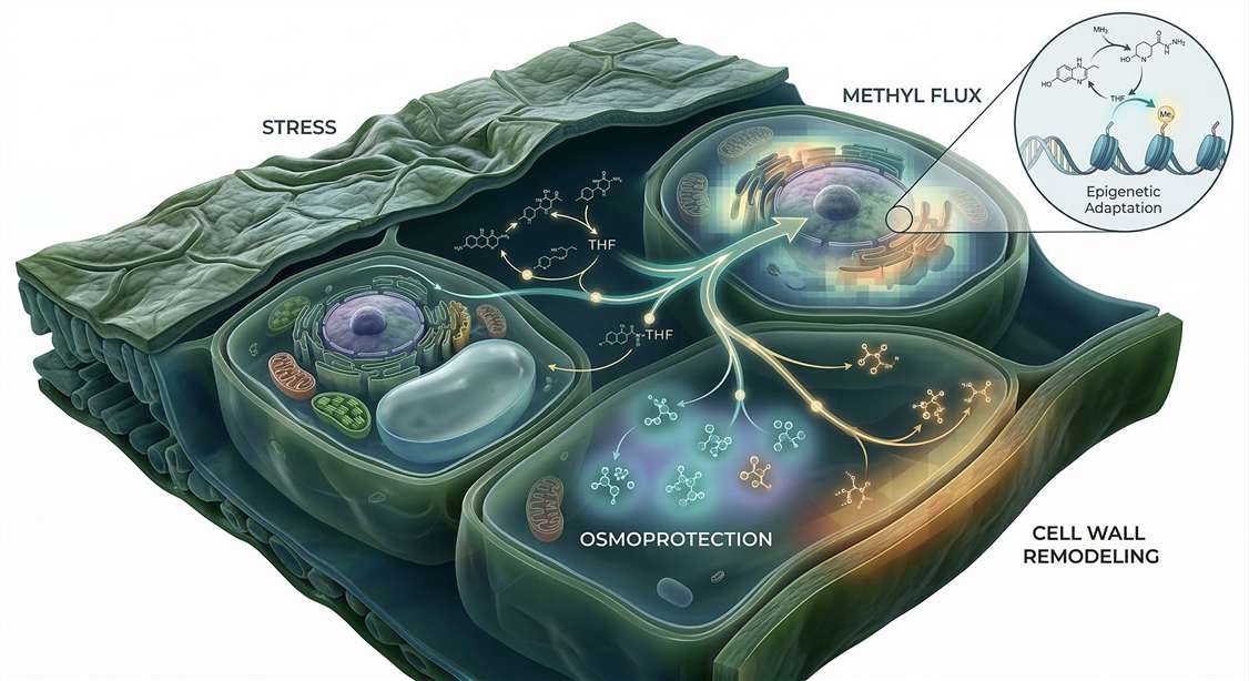 Conceptual model of stress-associated rewiring in plant folate-mediated one-carbon metabolism