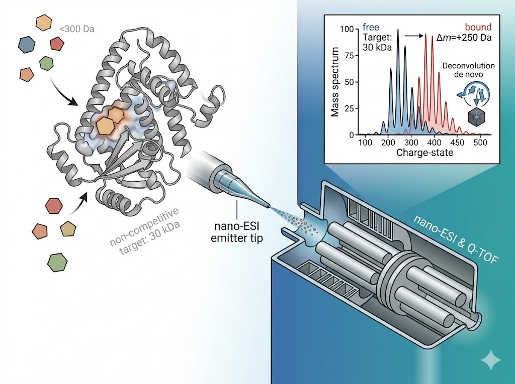 Fragment-based lead discovery by native MS overview: a purified target protein is incubated with a fragment library, and the intact protein-fragment complex is detected by nano-ESI native mass spectrometry — label-free, immobilisation-free binding readout.