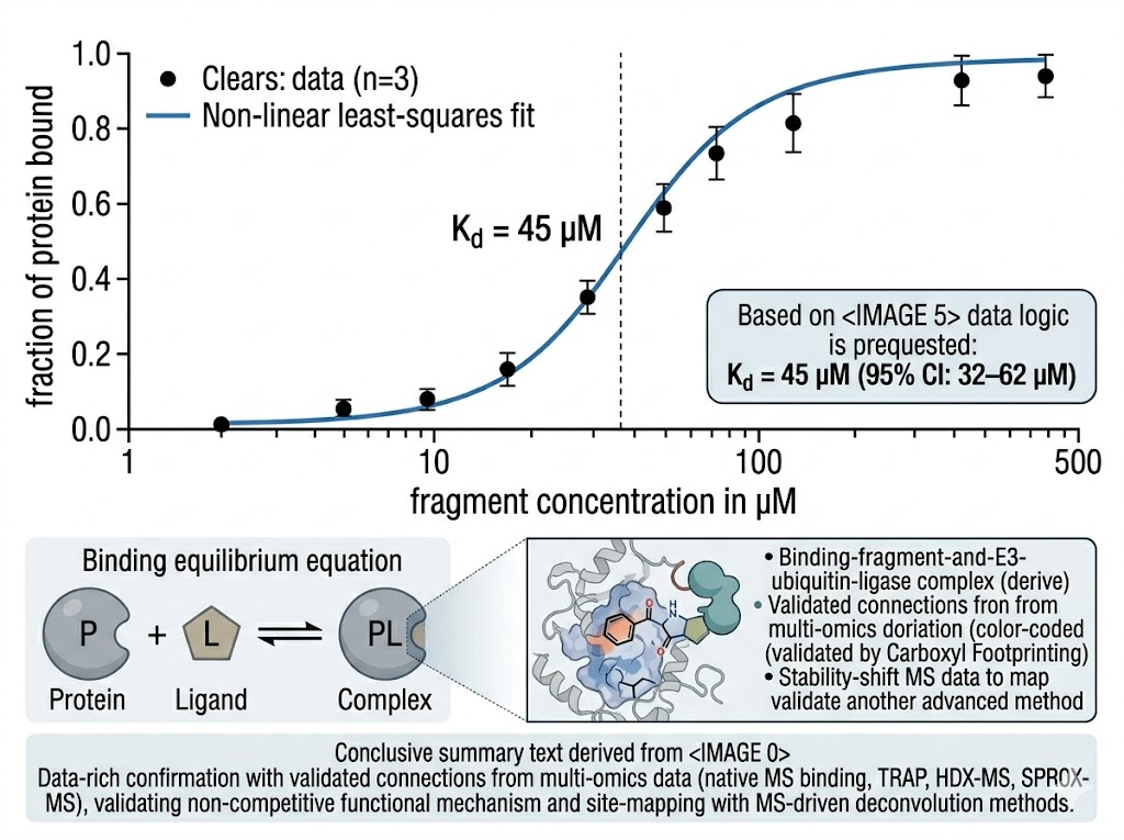 Dose-response binding isotherm from native MS titration: fraction of protein bound (y-axis) plotted against fragment concentration in µM (x-axis, log scale), showing a sigmoidal curve fitted to a 1:1 binding model with Kd = 45 µM annotated, with error bars from triplicate measurements.