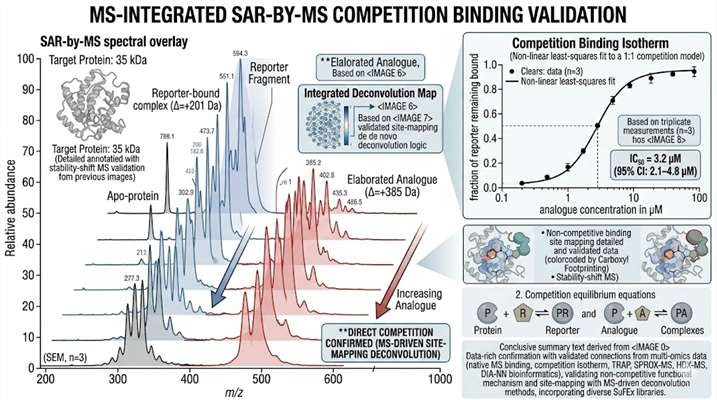 SAR-by-MS competition binding data: overlay of native mass spectra showing the target protein pre-incubated with a reporter fragment (blue-shaded peaks), and the progressive displacement of the reporter by an elaborated analogue (red-shaded peaks appearing at a higher mass) across increasing analogue concentrations.