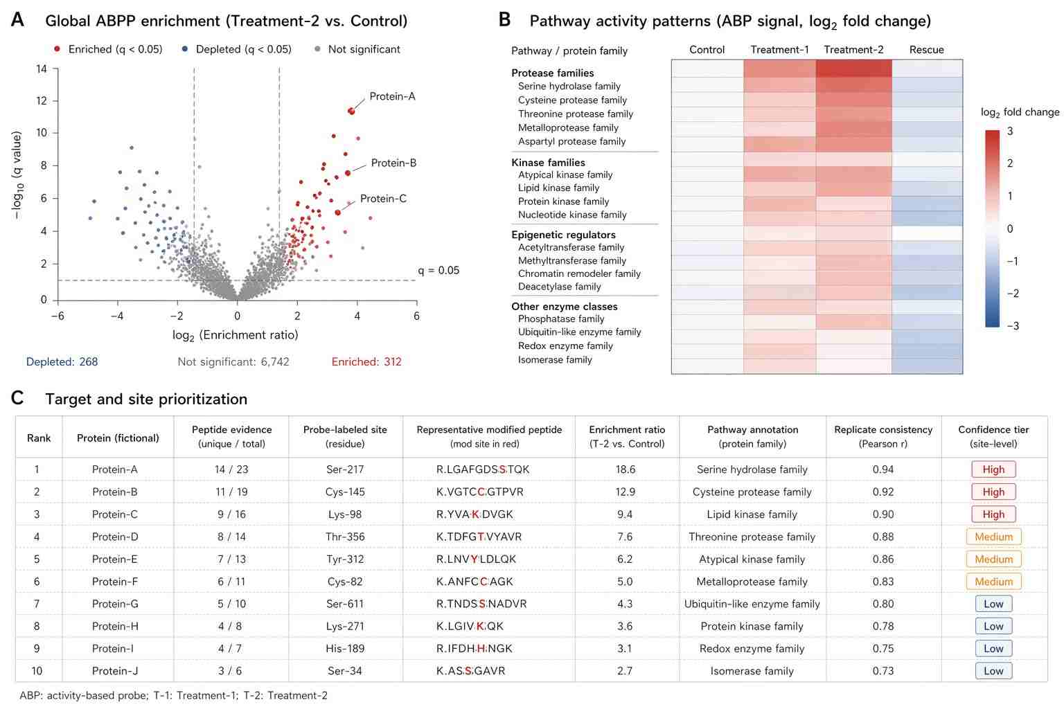 Demo Global ABPP results showing enriched proteins, pathway heatmap, and target prioritization dashboard.
