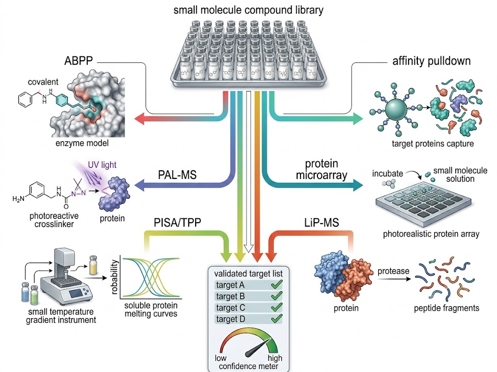 Global drug target identification service overview: small molecule compound library feeding into six orthogonal chemoproteomics workflows — ABPP, PAL-MS, PISA/TPP, LiP-MS, protein microarray-MS, and affinity pulldown-MS — converging on a validated target list with cross-platform confidence scoring.