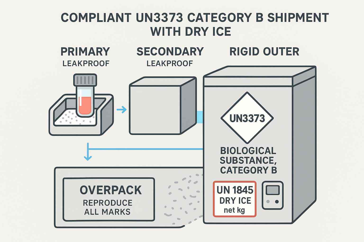 Infographic: triple packaging for UN3373 with Class 9 dry ice label and data logger placement