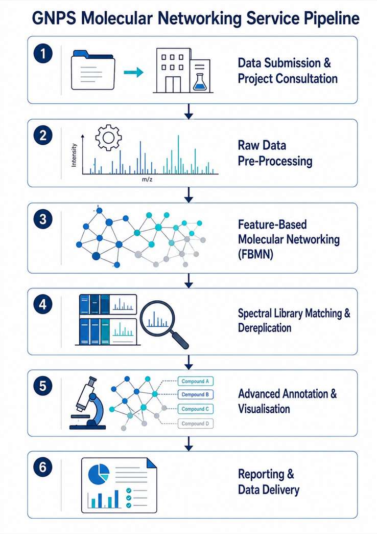 GNPS molecular networking workflow with six analysis steps