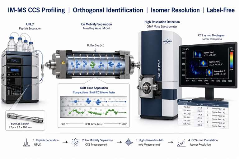 Ion mobility-mass spectrometry CCS profiling platform diagram featuring TWIMS separation, CCS calibration, high-resolution MS detection, and database matching.