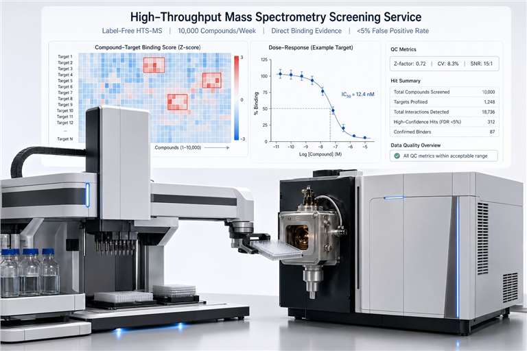 High-throughput MS screening workflow diagram showing assay development, plate formatting, MS acquisition, and data analysis