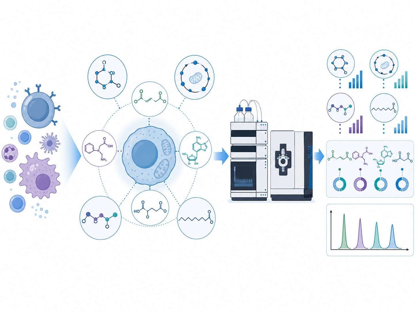 Immunometabolism MS Profiling service overview — immune cells analyzed by LC-MS/MS for metabolic pathway quantification.
