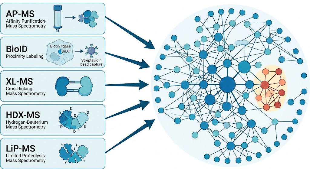 Interactome and network target identification platform showing five service lines converging from AP-MS, BioID, XL-MS, HDX-MS, and LiP-MS through bioinformatics to prioritized druggable targets in a protein interaction network.