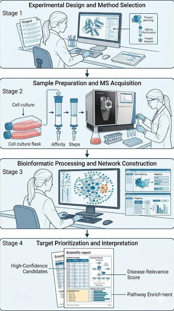Four-stage workflow for interactome mapping: experimental design, sample prep and MS acquisition, bioinformatics and network construction, target prioritization and interpretation.