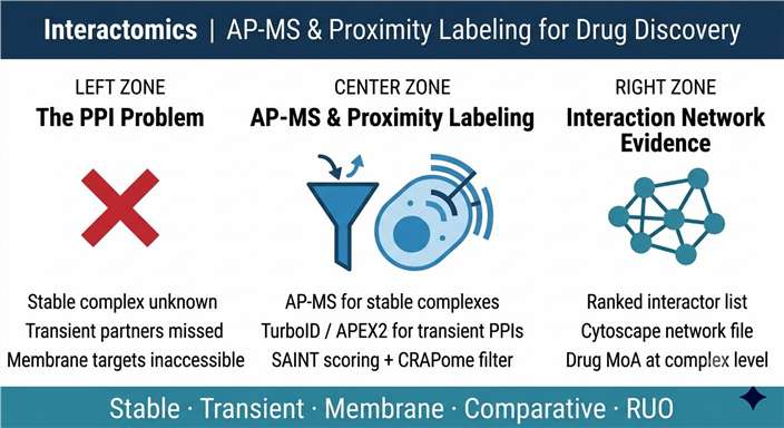 AP-MS and proximity labeling interactomics service overview: three-zone diagram showing drug target bait protein input, AP-MS pull-down plus TurboID proximity labeling, and quantitative protein interaction network output with SAINT scoring for drug discovery.