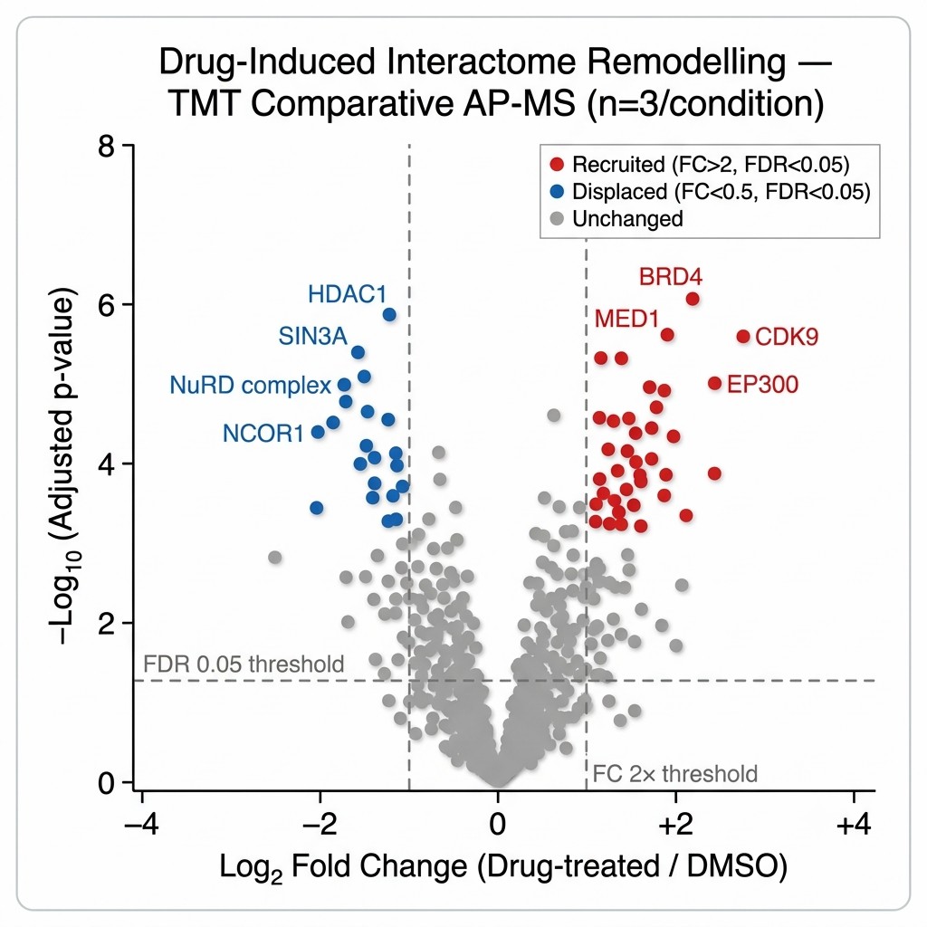 Comparative interactomics volcano plot from AP-MS drug treatment experiment: x-axis shows log2 fold-change of interactor abundance drug vs DMSO, y-axis shows minus log10 adjusted p-value, significantly enriched interactors in red, significantly depleted in blue, unchanged in grey, with annotated protein names for key interactors.