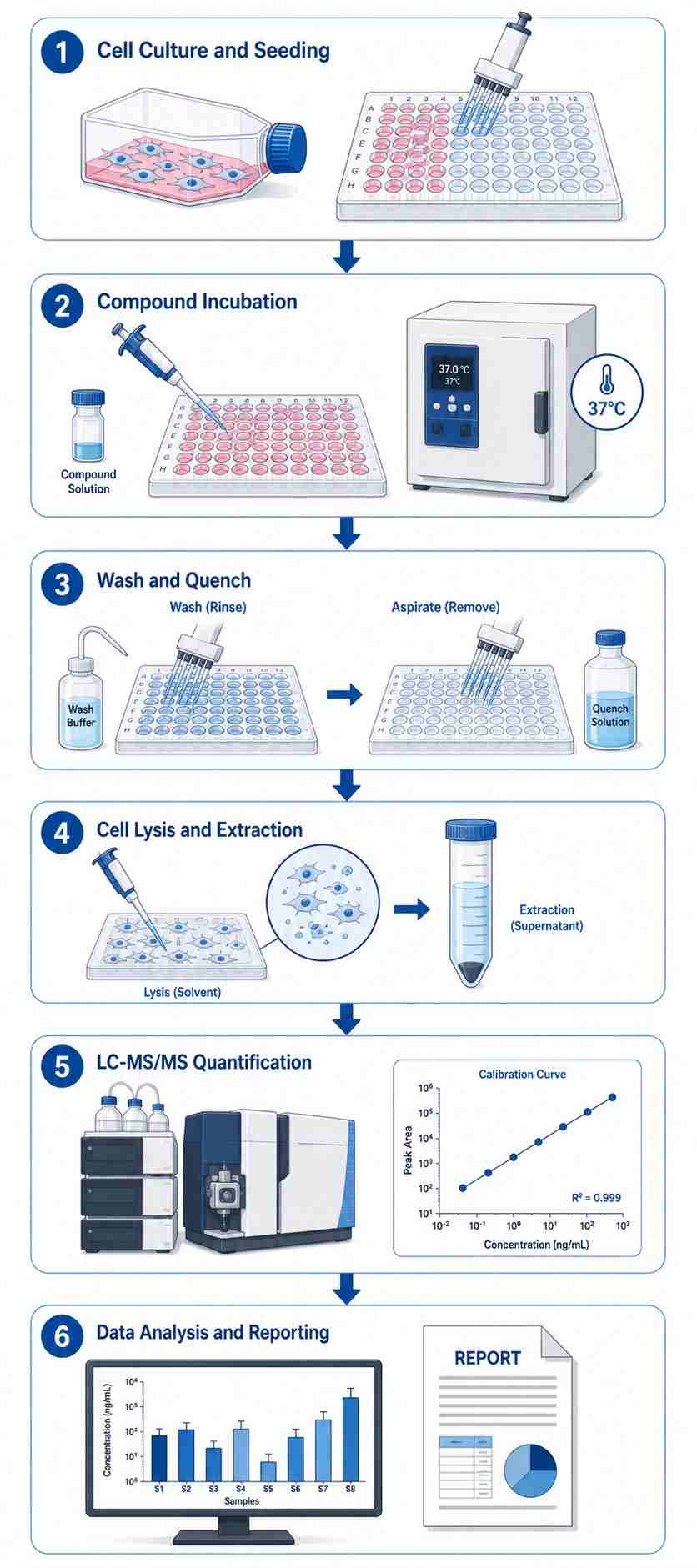 Intracellular accumulation MS workflow diagram showing 6 steps from cell culture and seeding through compound incubation, wash and quench, cell lysis and extraction, LC-MS/MS quantification, to data analysis and reporting.