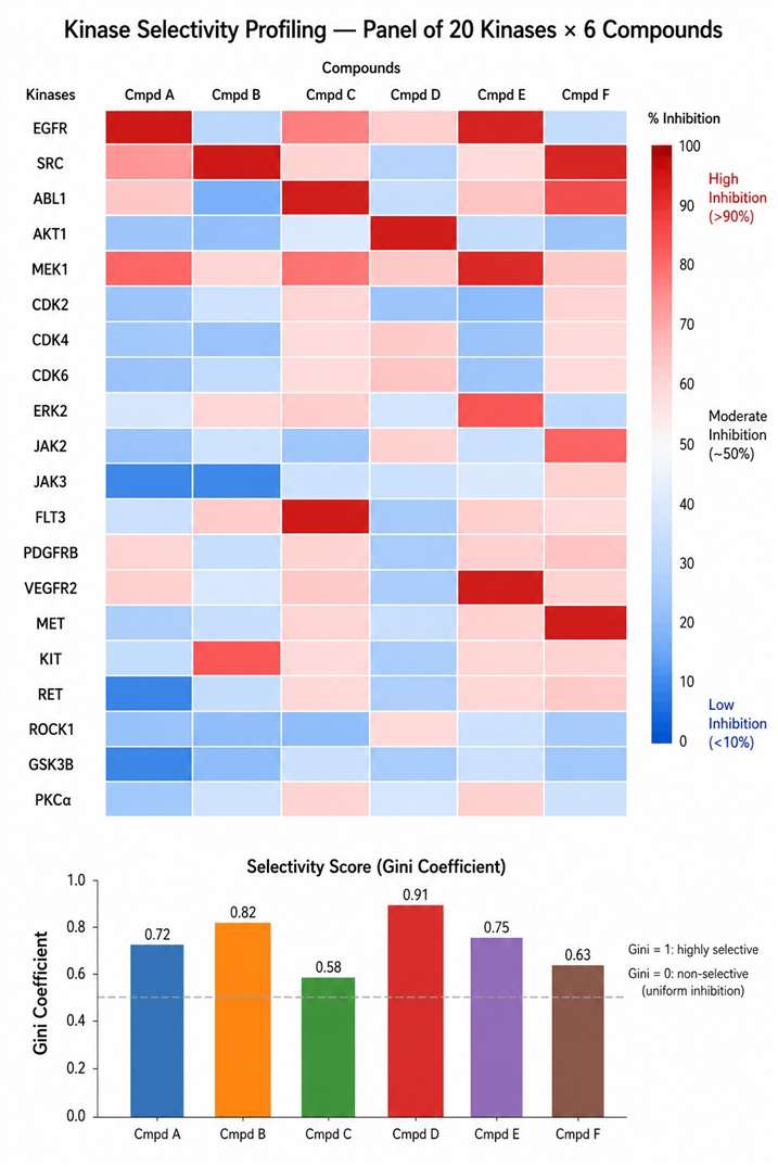 Kinase selectivity heatmap showing 20 kinase targets profiled against 6 test compounds with color gradient from blue to red.