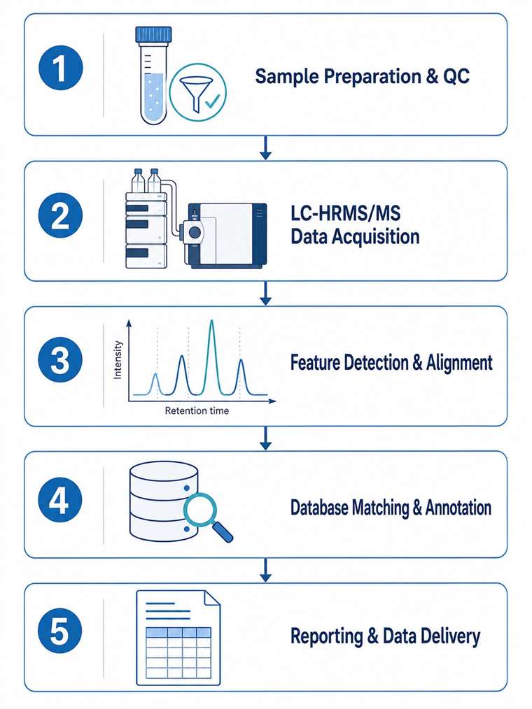 LC-HRMS/MS dereplication workflow diagram showing five steps: sample preparation, data acquisition, feature detection, database matching, and reporting.