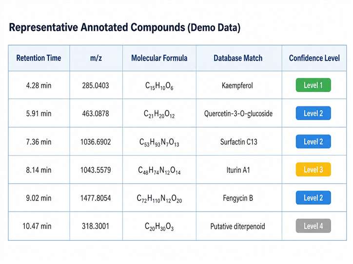 Annotated compound table showing retention time, m/z, molecular formula, database match, and confidence score for dereplication results.