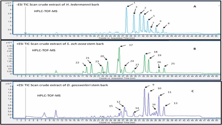 Total ion chromatograms of three active plant extracts analyzed by LC-HRMS/MS dereplication.