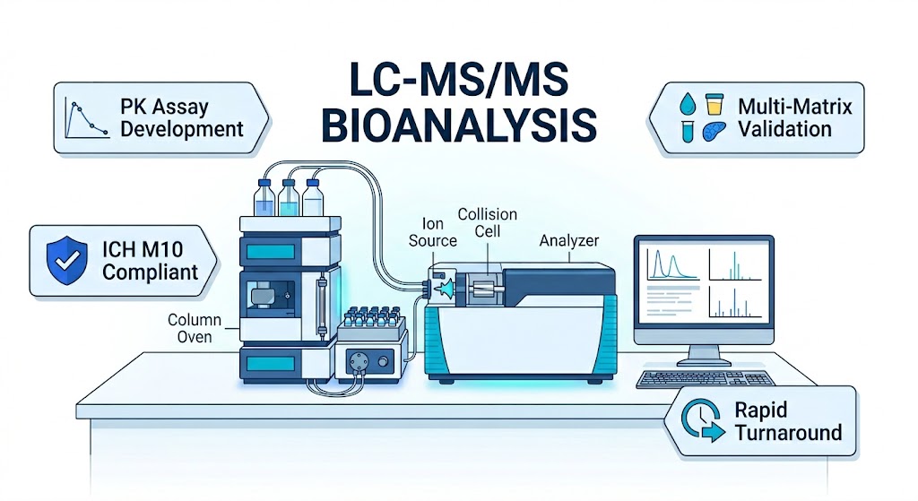 LC-MS/MS bioanalysis service overview featuring LC-MS/MS instrument, plasma and tissue sample workflow, and four key advantage tags