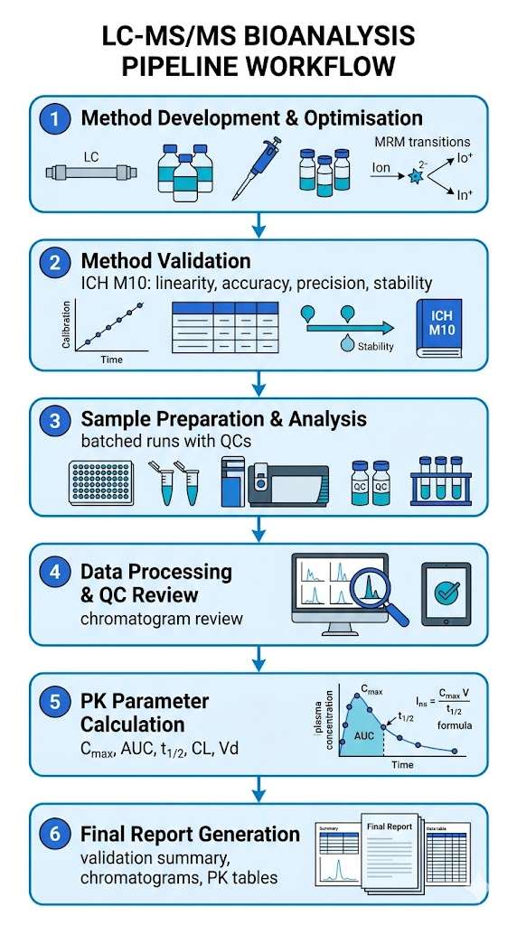 LC-MS/MS bioanalysis workflow showing six steps from method development through final report generation