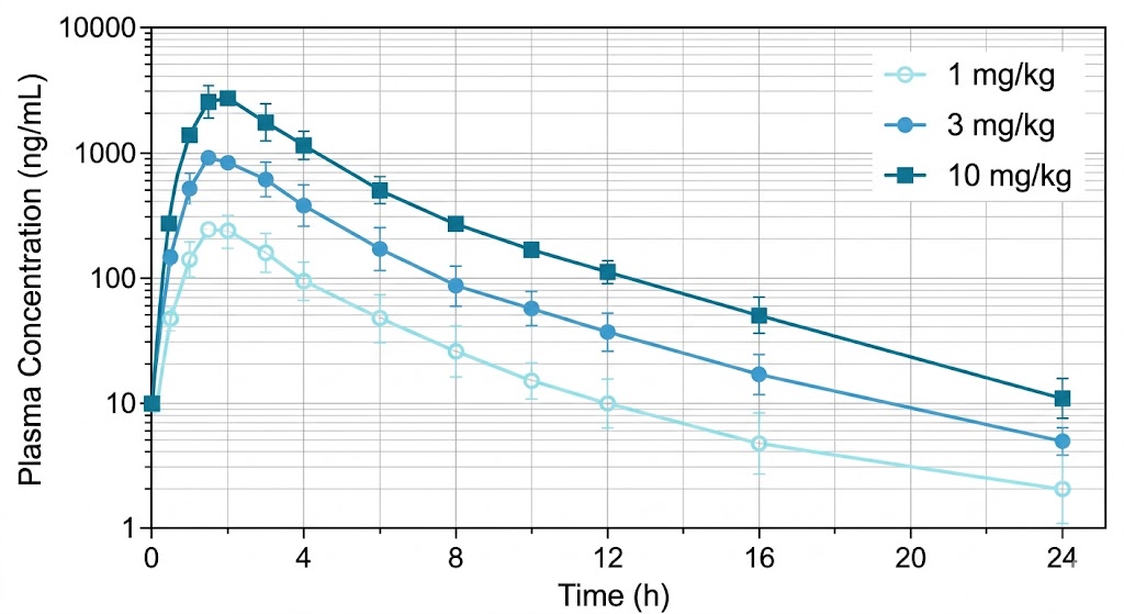 Representative plasma concentration-time curves showing PK profiles for multiple dose groups with error bars