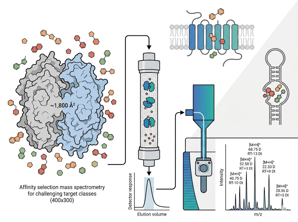 Ligand discovery for challenging targets by MS overview: affinity selection mass spectrometry workflow showing target incubation with compound pools, SEC separation of bound from free, and LC-MS/MS identification of bound ligands — enabling hit identification for PPI, membrane protein, RNA, and allosteric site targets.