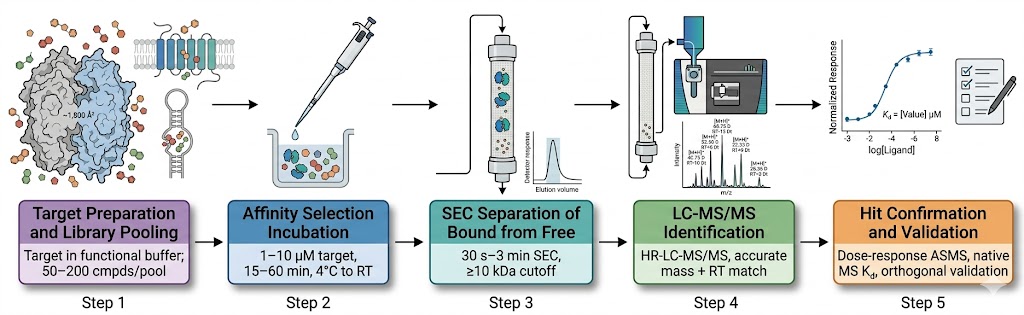 Ligand discovery by ASMS analytical workflow: target preparation and compound library pooling, affinity selection incubation, SEC or centrifugal separation of bound from free ligands, LC-MS/MS identification and quantification of eluted ligands, and hit confirmation by dose-response ASMS and native MS validation.