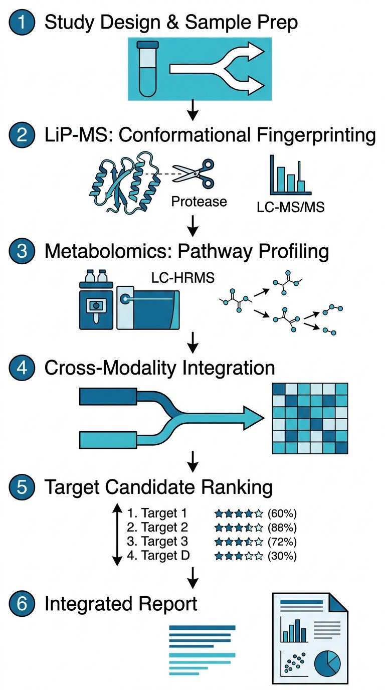 LiP-MS Metabolomics 6-step integrated workflow diagram
