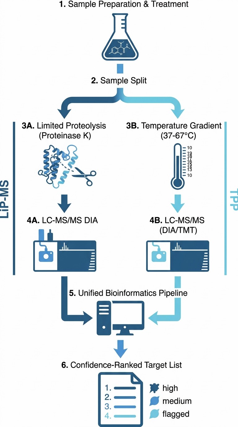 LiP-MS TPP 6-step integrated workflow diagram showing parallel processing of LiP-MS and TPP from a single sample