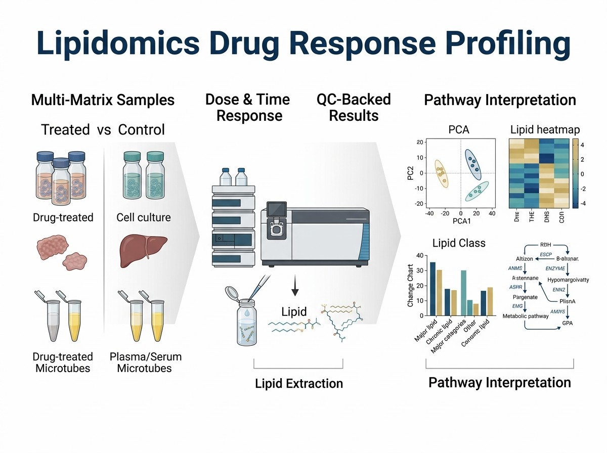 Lipidomics drug response profiling workflow showing treatment matrix, LC-MS/MS analysis, and lipid pathway interpretation.