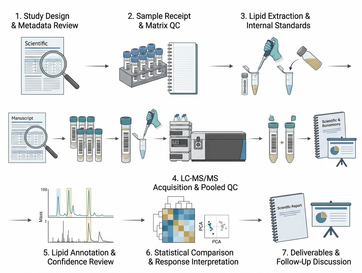 Vertical workflow diagram for lipidomics drug response profiling with QC checkpoints.