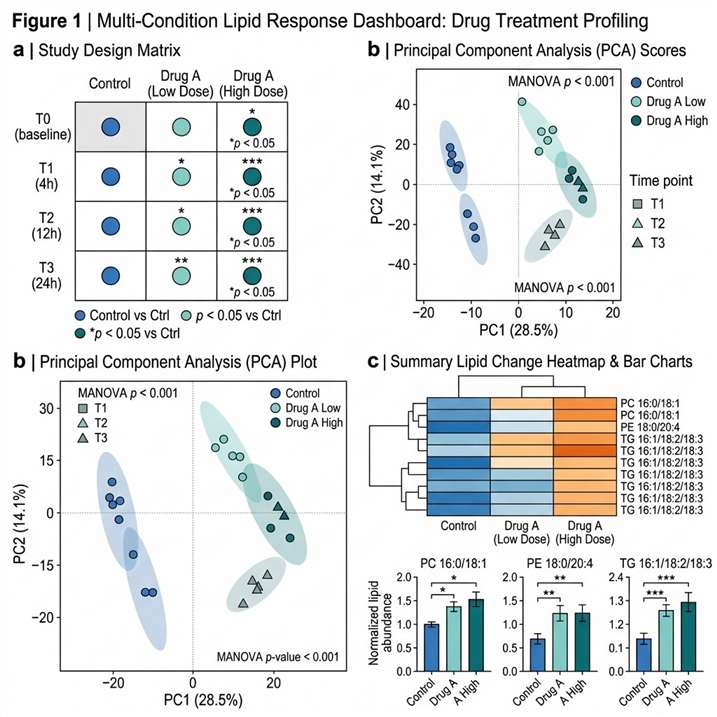 Demo lipidomics drug response results showing PCA, heatmap, lipid class remodeling, and compound clustering.