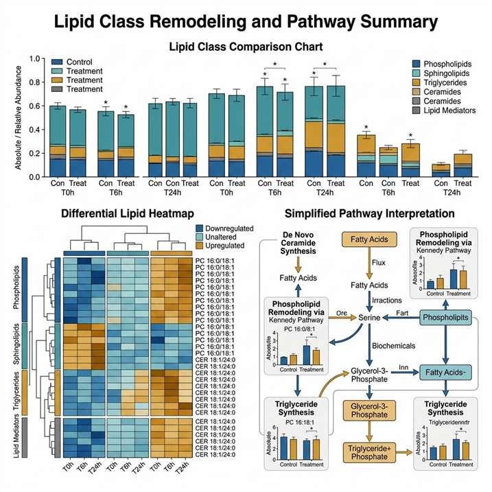 Lipid class remodeling summary and heatmap for drug-response lipidomics.