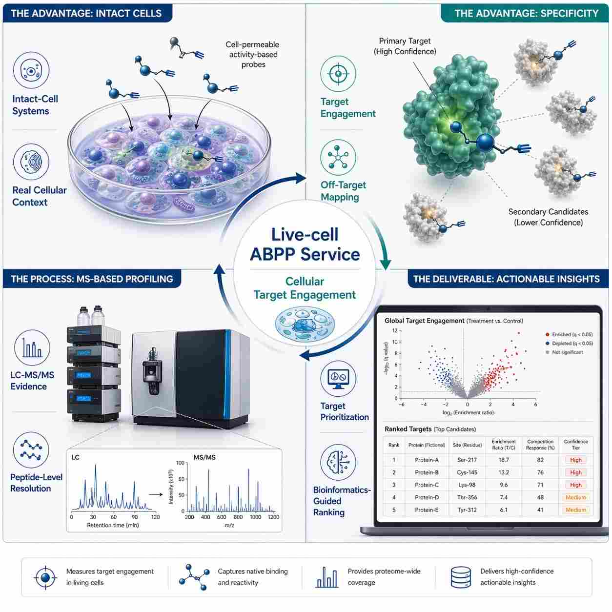 Live-cell ABPP workflow for cellular target engagement profiling and LC-MS/MS target ranking.