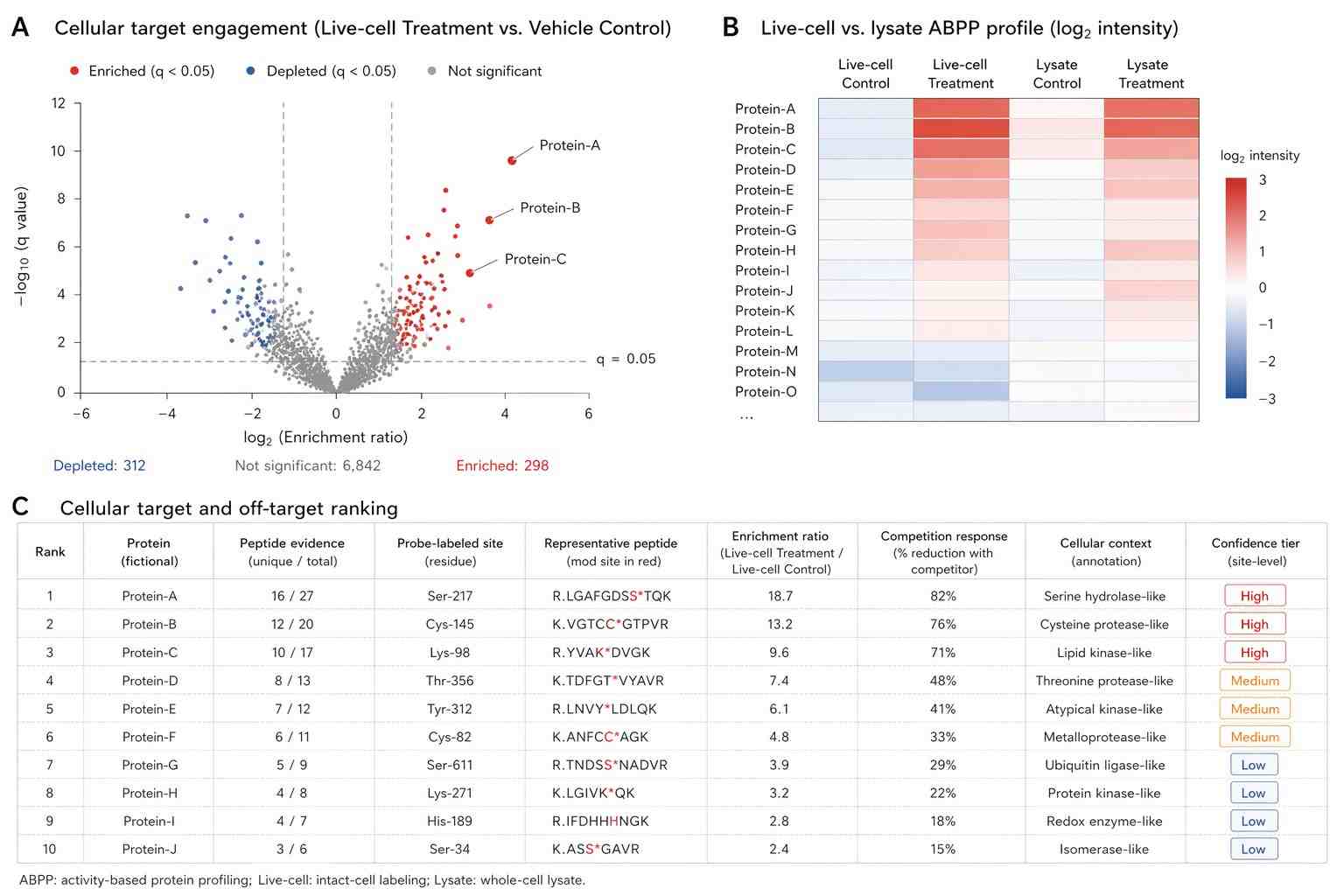 Demo live-cell ABPP results showing cellular target engagement, live-cell versus lysate comparison, and target ranking.